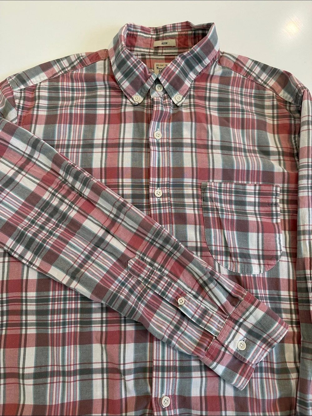J. Crew Men's Indian‎ Madras Slim Fit Red and Gray Plaid Button-Down Shirt